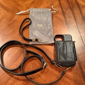 iPhone 14 MagSafe Black Leather Crossbody Phone Case